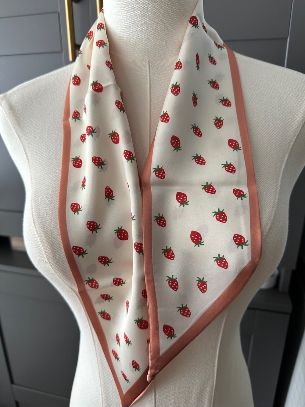 Strawberry Print Twilly Scarf - Cream with Pink Border